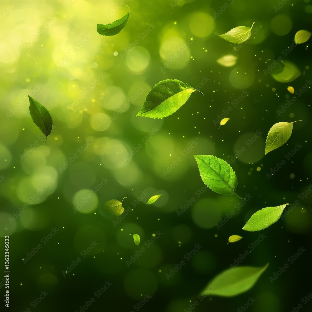 Poster green leaves falling: a magical forest scene with bokeh lights and sparkling particles