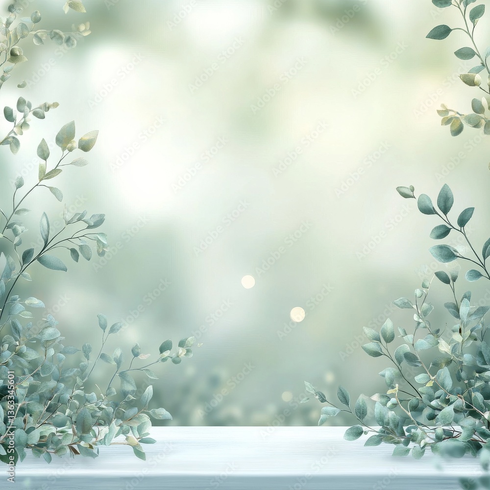 Poster Serene Botanical Backdrop with a Soft Focus for Elegant Displays and Product Presentations with White Platform.