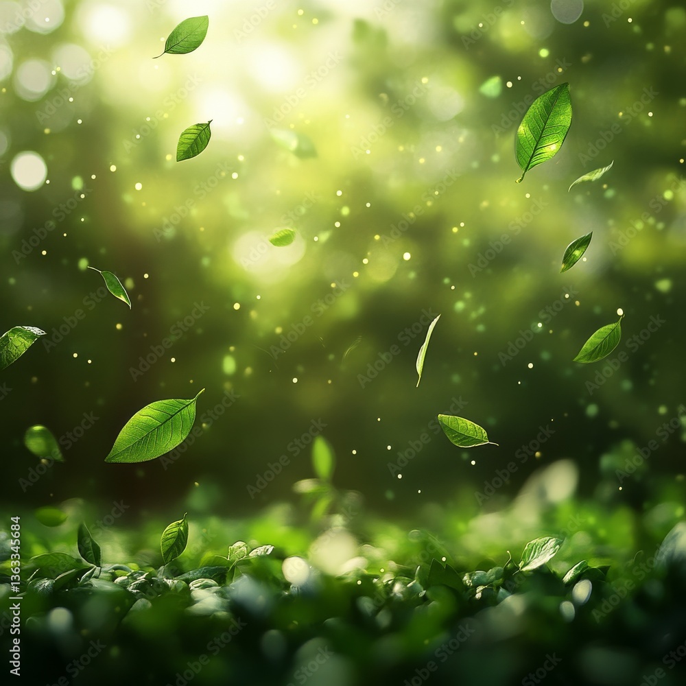 Aufkleber serene leaf fall: a gentle cascade of greenery in the light, embracing nature's beauty with floating