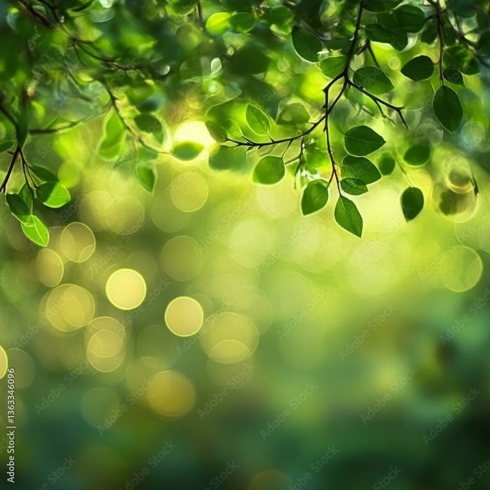 Poster Sunlit Canopy: Fresh Green Leaves and Bokeh Lights Creating a Serene and Ethereal Atmosphere in a Lush Forest Setting