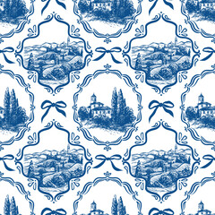 Seamless vector pattern in blue with linear graphics, reflecting the 2025 trend. Features whimsical Italian landscapes in ornate frames and bows on a white background. 