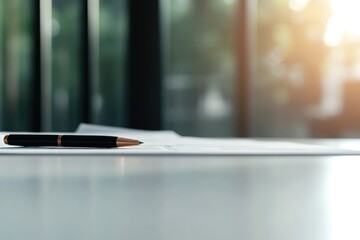 minimalist desk with neatly arranged financial documents pen and laptop displaying graphs portraying serene moment