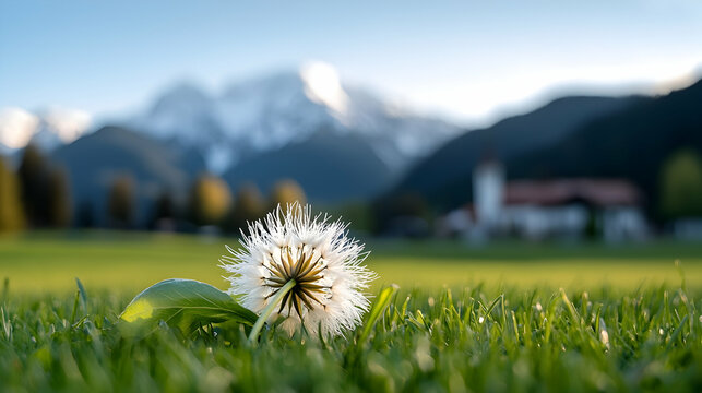 White Dandelion in Green Grass with Mountain Background - Powered by Adobe