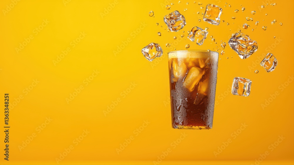 Poster refreshing iced drink with ice cubes splashing up