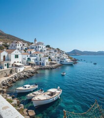 Fototapeta premium Idyllic Coastal Village White Buildings Boats Crystal Clear Blue Water - Vibrant Seascape Travel Promotion Coastal Destination Marketing