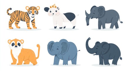 Cute baby animals illustration; tiger, elephant, rhino; white background; children's book