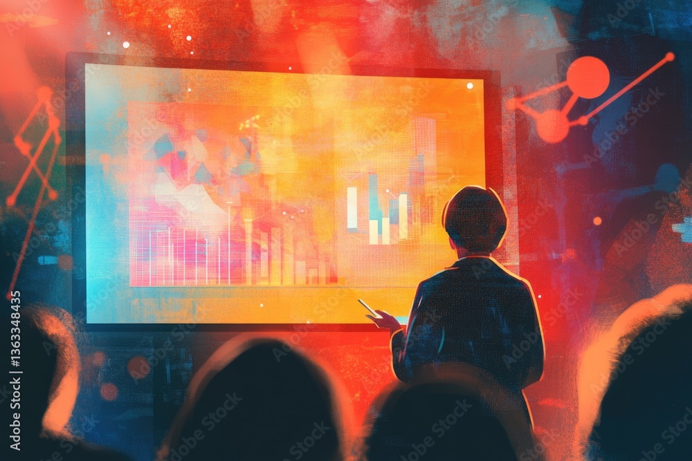 Poster a person presents data visualizations on a large screen to an audience, showcasing business analytic