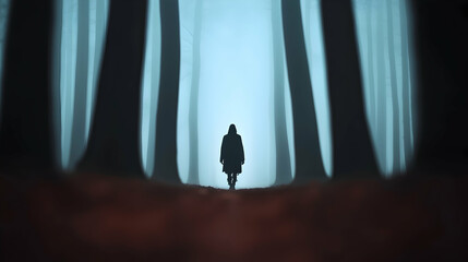 Silhouette of Person Walking in Foggy Blue Forest