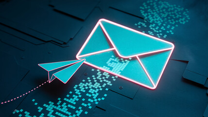 Neon email icon and paper airplane on dark textured background, symbolizing digital communication and message delivery, suitable for technology or communication concepts