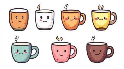 Cute cartoon mugs steaming hot drinks, white background, for cafe menu or website