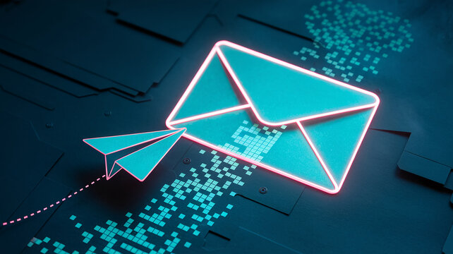 Neon email icon and paper airplane on dark textured background, symbolizing digital communication and message delivery, suitable for technology or communication concepts