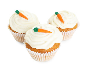 Delicious carrot cupcakes isolated on white. Yummy dessert