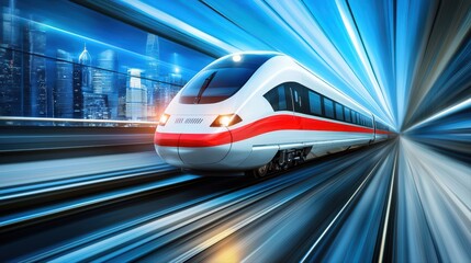 Fototapeta premium High-speed train in motion through urban landscape