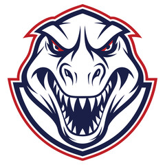 Fierce TRex Head Mascot with Red Eyes & Sharp Teeth in Bold Red & Navy Outline