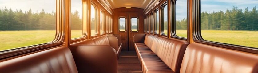 Fototapeta premium Vintage train interior with warm lighting and nature