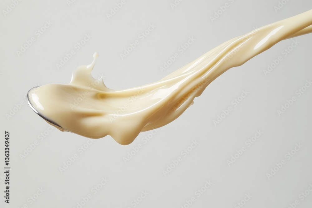 Poster creamy liquid flowing from a spoon, creating a dynamic splash and showcasing its texture and consist