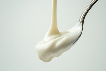 Creamy white substance pouring from a spoon, showcasing its texture and consistency.