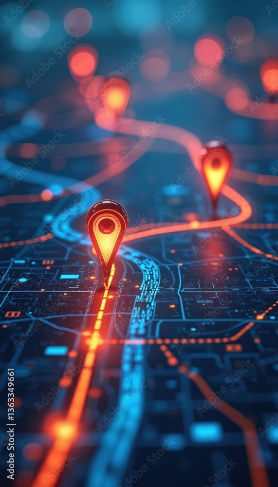 Poster digital map with gps pins. ai-powered delivery services tech, future transport logistic concept. loc