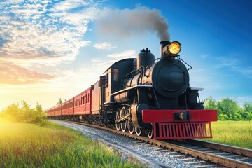 Naklejka premium Vintage steam train traveling through lush landscape