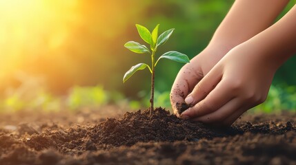 Planting a young seedling in nutrient-rich soil