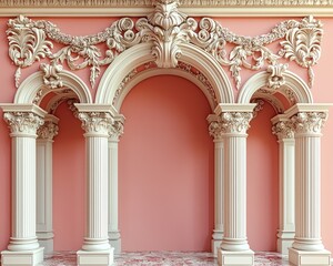 Obraz premium Elegant architectural interior featuring ornate columns and arches against a pink backdrop