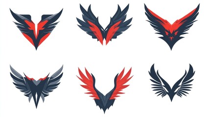 Six stylized red and black wings designs; graphic elements; white background; logo design