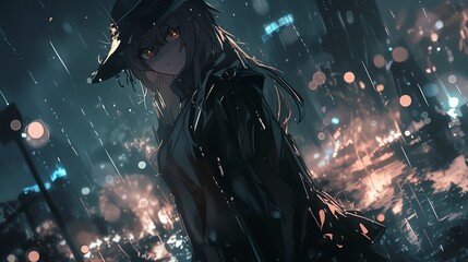 Anime-style mysterious character standing in the rain, wearing a black coat and hat, with city lights reflecting off the wet streets