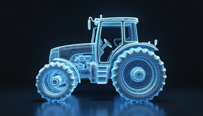 Futuristic wireframe design agricultural tractor. Detailed 3D blueprint shows mechanical details. Modern farming tech, engine, wheels, innovative engineering. Agricultural machinery in digital work.