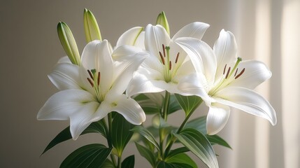 Naklejka premium Three elegant white lilies in soft light