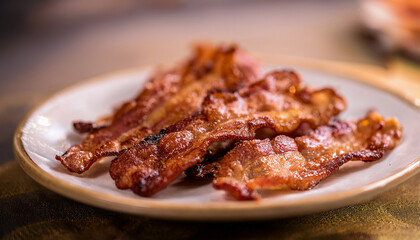 Slices of crispy hot fried bacon. Tasty food. Delicious meat. Cooking and culinary concept.