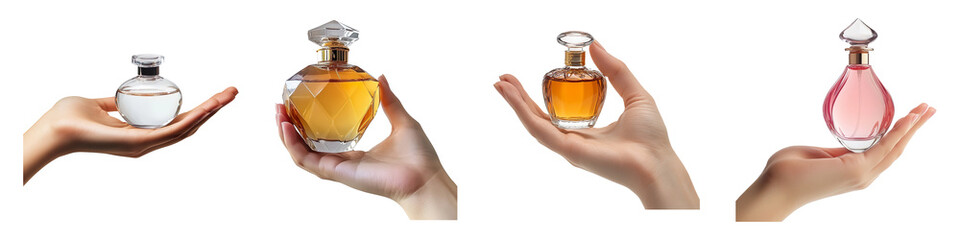 Set of hand holding perfume jar cutout. Woman hand hold perfume bottle isolated on transparent background