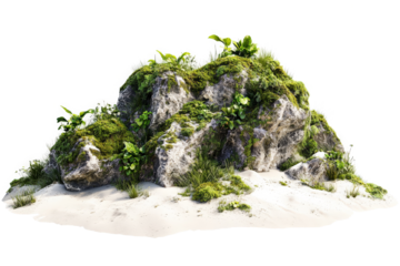 a rock covered in moss and grass cutout and isolated on transparent background 
