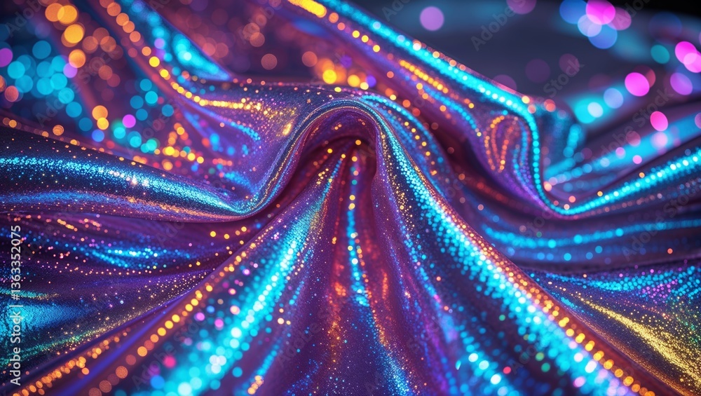Poster colorful sparkling fabric with vibrant hues and shimmering lights creating an engaging visual effect