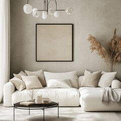 Modern living room with beige sofa, pampas grass, and minimalist decor.