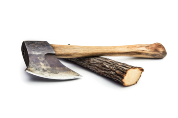 two axes with a wooden handle and a wooden handle cutout and isolated on transparent background 