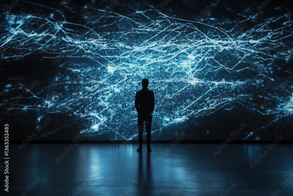 Poster a lone figure observes a vast, mesmerizing digital display of interconnected nodes, resembling a com