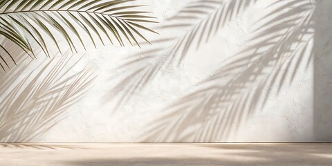Serene palm shadows dance across a sun-kissed wall, creating a peaceful and minimalist haven of summer tranquility with soft light and subtle textures.