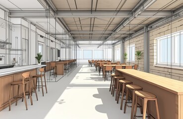 Wireframe drawing interior design rendering concept. Residential renovation service showing office cafe with bar, tables, chairs. Home improvement upgrade remodelling visualization. Interior design
