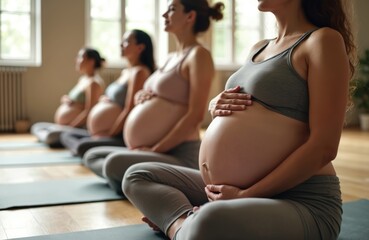 Pregnant women practice prenatal yoga in light room. Group of mothers-to-be fitness, gymnastics on mats. Healthy lifestyle, body care, maternity, motherhood, family, wellness. Fitness, training,