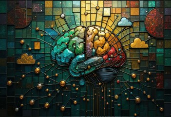 Colorful Abstract Digital Illustration Brain Geometric Elements Cosmic Background - Creative Innovation Concept Mental Health Awareness Marketing Materials