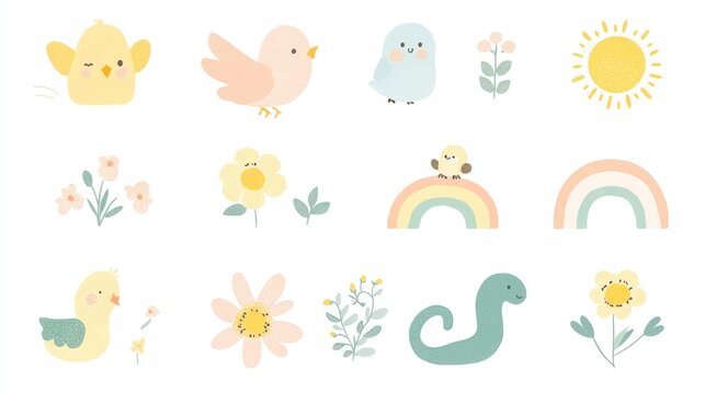 Birds, rainbow, sun and plants illustrations for prints and digital backgrounds