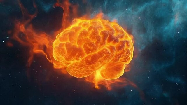 Fiery brain, creative mood, glowing representation of ideas and innovation, abstract background