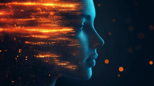 Woman's profile, introspective mood, glowing lines and energy, artistic representation of thoughts and emotions