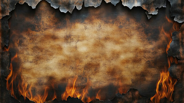 A fiery, textured background with charred edges and a blank center, ideal for text or graphic overlays.