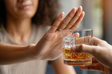 Person rejecting alcoholic drink with raised hand gesture for sober lifestyle concept