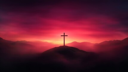 Easter Morning: The Cross silhouetted against the dawn sky, representing the sacrifice. Digital watercolor painting.
