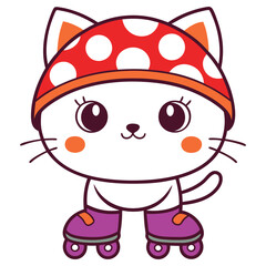 Cute cartoon cat on roller skates with hat illustration, isolated on white
