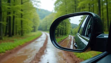 Vehicle rearview mirror captures wet muddy forest path reflection. Green trees, dirt road, scenic view creates sense of journey, exploration. Adventure travel, outdoors, nature, car ride.