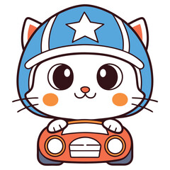 Cartoon White Cat Character in Blue Helmet driving Orange Race Car on Transparent