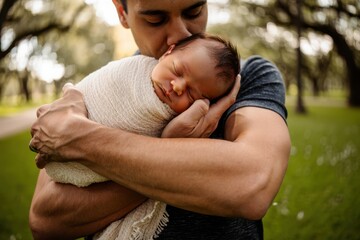 Fototapeta premium Tender moment of father holding newborn in sunlit park